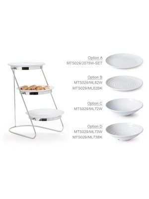 3-Tier Cascading Stand with 6 pieces of 10'' Round Plate ML-82-W, (stand dimensions 11.25" x 17.75", 18.75" tall, 9" tier dia.) 3-Tier Cascading Stand with 6 pieces of 10'' Round Plate ML-82-W, (stand dimensions 11.25" x 17.75", 18.75" tall, 9" tier dia.)