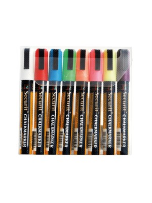 Securit Liquid chalkmarker coloured set of 8 - medium 2-6mm Nib - Wallet  - white, red, blue, yellow, green, pink, orange, Violet Securit Liquid chalkmarker coloured set of 8 - medium 2-6mm Nib - Wallet  - white, red, blue, yellow, green, pink, orange, Violet